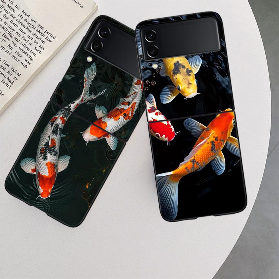 High End Ornamental Fish and Koi Carp Phone Case For Samsung Z Flip 7 6 5G Galaxy Z Flip 5 4 3 Black Hard Cell Cover Luxury PC