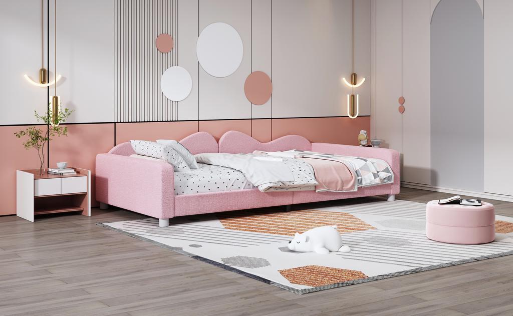 Letto per Bambini Letto Imbottito 90*200cm, Divano Letto Struttura Letto Tessuto Teddy Multifunzionale Letto Morbido con Schienale e Braccioli Letto per Giovani Letto per Ospiti Rosa