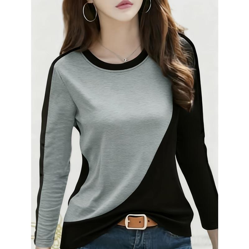 Spring/Autumn Women's Fashion Casual Color Block Patchwork Long-Sleeve T-Shirt