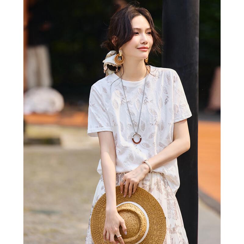 TERRE BLEUE Women s Loose Fit Embroidered Short Sleeve T-Shirt M белый