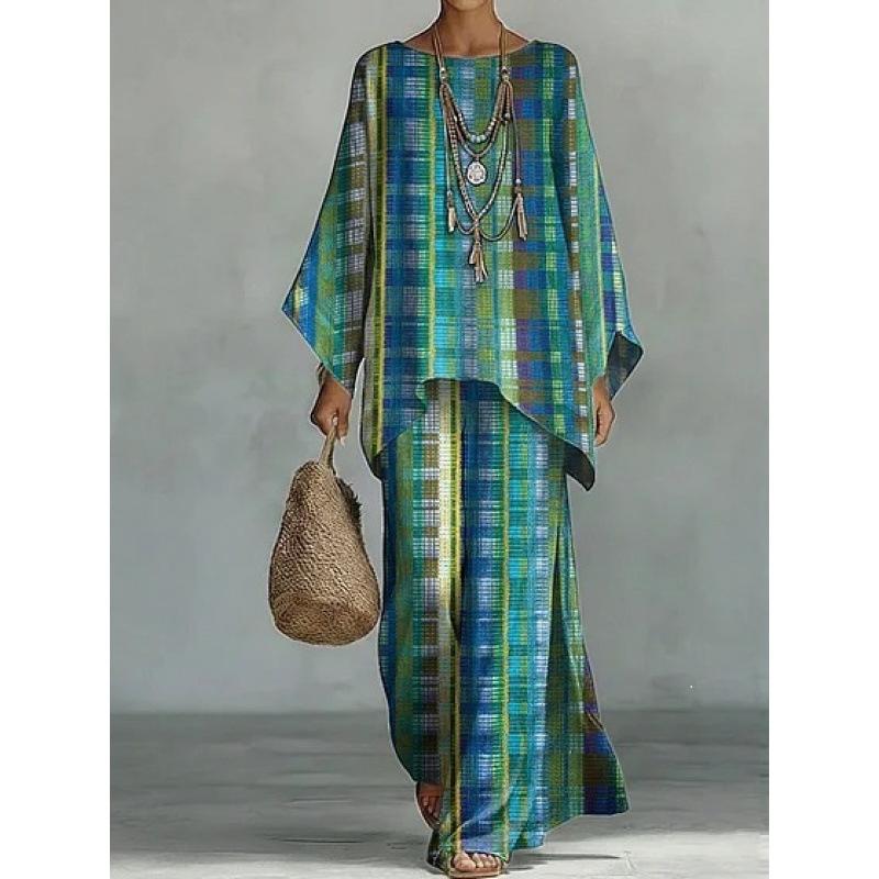 New round neck bat sleeve printed loose set bohemian lazy casual two-piece set