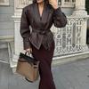 2024 Autumn/Winter Cross-border Fashion Lapel Tie Long Sleeve Leather Jacket
