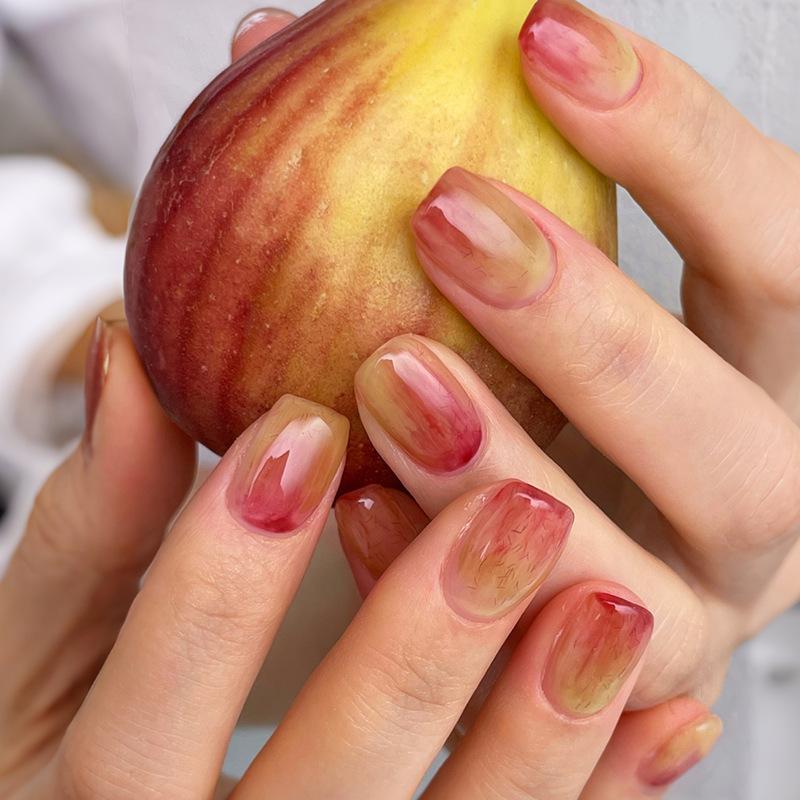 24PCS Maillard Short Square Press on Falsenails Autumn Winter Simple Blue Gradient French Fake Nails Glossy Brown Ins Manicure