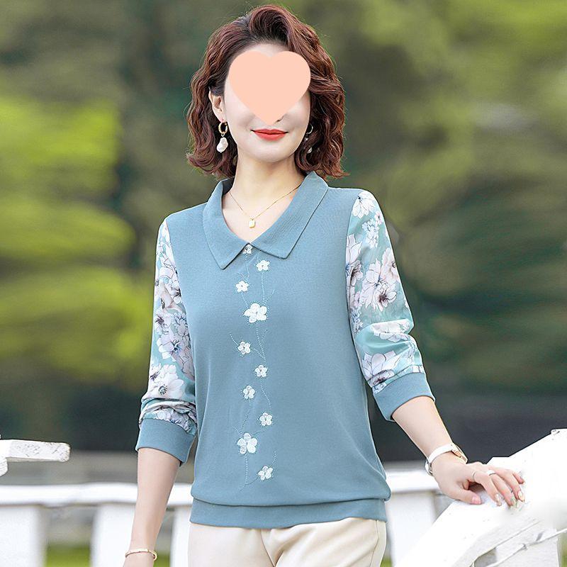 

Женская весенне-осенняя футболка с лацканами - Мода для среднего возраста Блузка с длинным рукавом 3XL (120-135 jin)