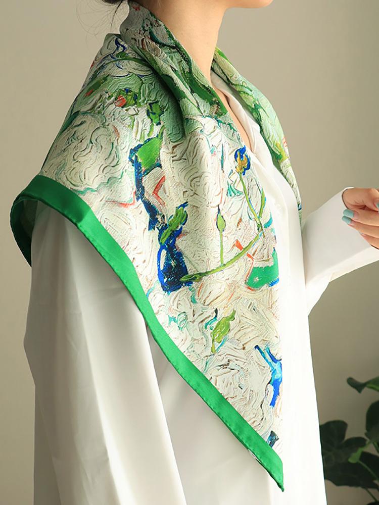 

White Rose Van Gogh Oil Painting Silk Scarf, Silkworm Silk Medium And Small Square Scarf, Versatile Shawl, Sunscreen Scarf, Female Summer 65-65cm