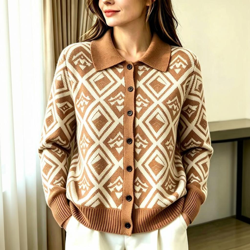 Women's Casual Loose Fit Plaid Cardigan Sweater with Collar Long Sleeve Fall Winter