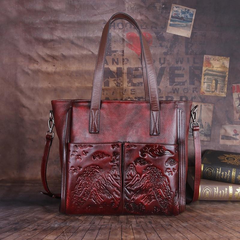 Retro Genuine Leather Female Bag Large Capacity Casual Tote Handmade Embossed Women Handbag Shoulder Bags