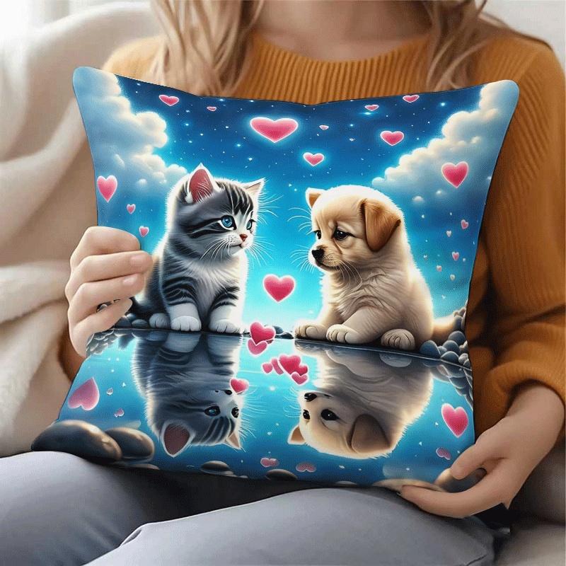 1pc Cute Cat and Dog Reflection Design Pillowcase - Soft and Comfortable Short Plush Cushion Cover - Polyester Polyester - Zipper Closure - Machine Wa