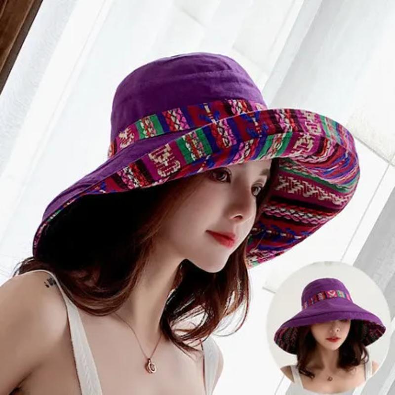 Hat women's summer big edge double-sided sunshade bucket hat Korean version versatile ethnic style travel sun protection Cap