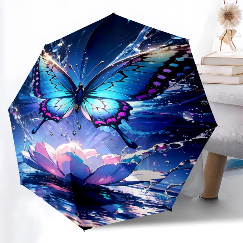 

Automatic Open/Close Umbrella with Shield & - Elegant Blue Butterfly, for Lotus Flower Water Reflection Design - Sturdy 8-Rib Iron&8K