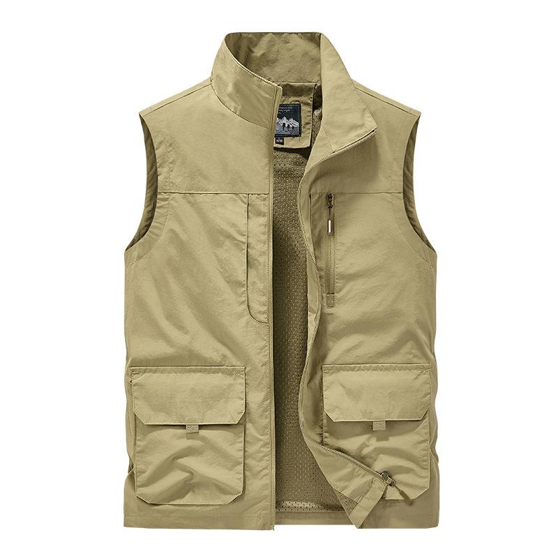Four Seasons Middle-aged and Elderly Men's Vest Thin Sleeveless Stand-Up Collar Multi-Pocket Quick-Drying Vest Large Size Vest