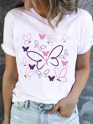 (Asian Size) Butterfly Style Cute Women Fashion Printed Casual T Shirt Tee Top Lady Female Graphic Short Sleeve T-shirts Clothing