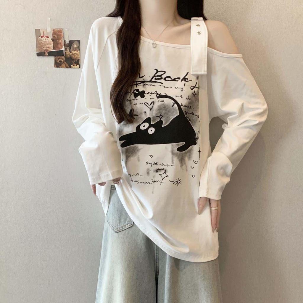 Plus Size Asymmetrical Cartoon Print Long Sleeve T-shirt - Women's Spring/Autumn Loose Slimming Top