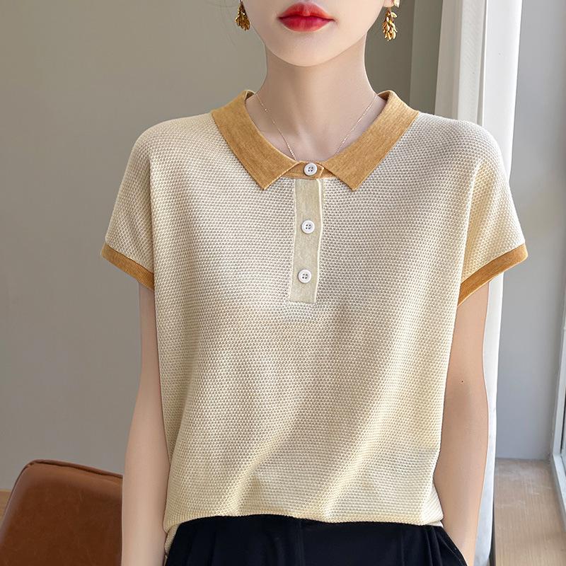 Women's Tencel Colorblock Polo Collar Short-Sleeve Contrast T-Shirt – Stylish, Loose, Age-Reducing Summer Top