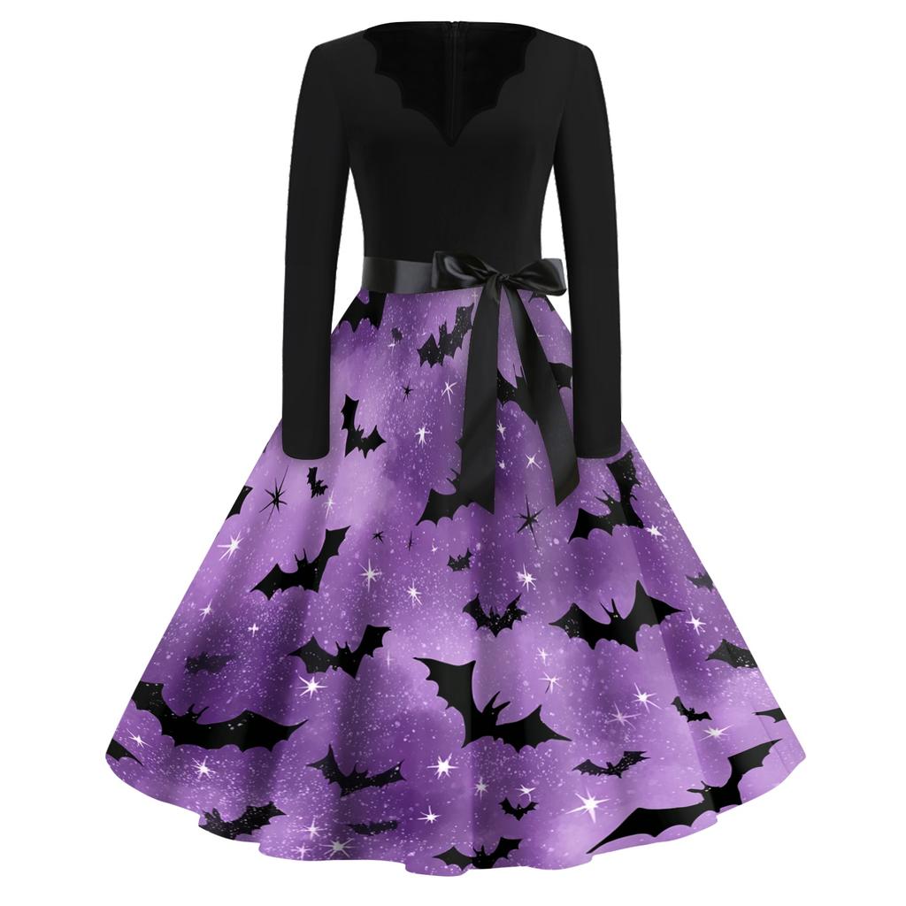Womens Casual Vintage V Neck Dress Halloween Print Long Sleeve Fit Flare Dress with Bow Waistband Retro Style