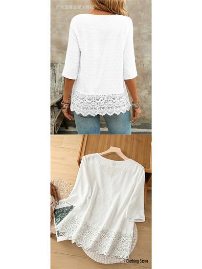 French Forest Style Hollow Embroidery Lace Casual Women's Short Shirt