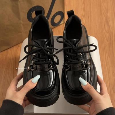 French Platform Heightening Small Leather Shoes Women'S British Style Deep Mouth Single Shoes Black Loafers High Heels