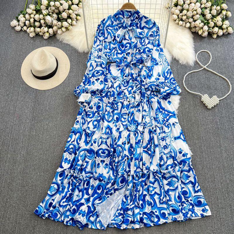 

Accessible Luxury Long Sleeves Dress Elegance Bows Shoelace Dark blue spell White One size