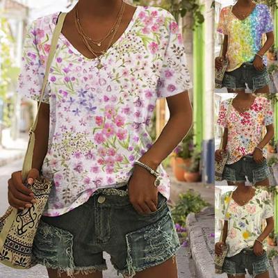 Summer Women's Casual Loose Fashion Digital Printed Multi-color V-neck Short Sleeved T-shirt