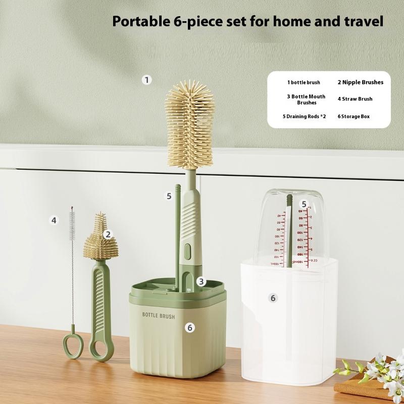 6 In 1 Silicone Bottle Brush Set Travel Drain Rack Cleaning Straw Multifunction Long Handle Baby Feeding Bottle Brush