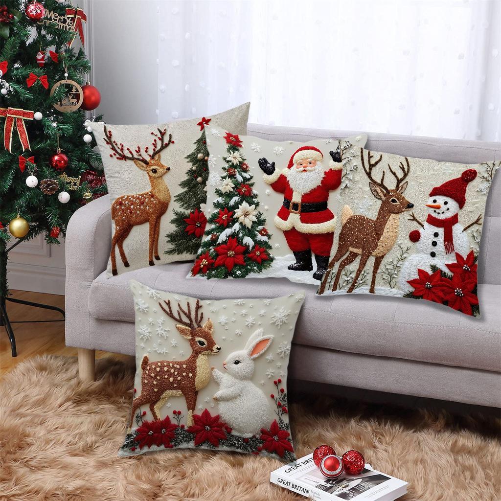 Christmas Reindeer and Santa Claus Pillowcase - Holiday Decoration Cushion Cover