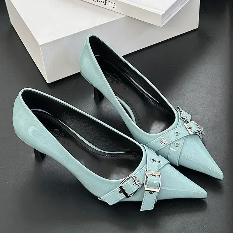 Fashion Elegant Patent Leather Metal Belt Buckle Designer Women Pumps Sexy Pointed Toe Thin High Heels High Quality Mary Jane Mules Shoe