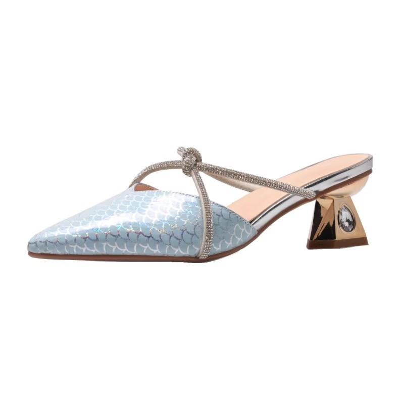 Fashion Women's Fashion Baotou Slip-on Slippers Summer New Pointed Crystal Fine Belt Anti-slip Wear-resistant Heel Shoes
