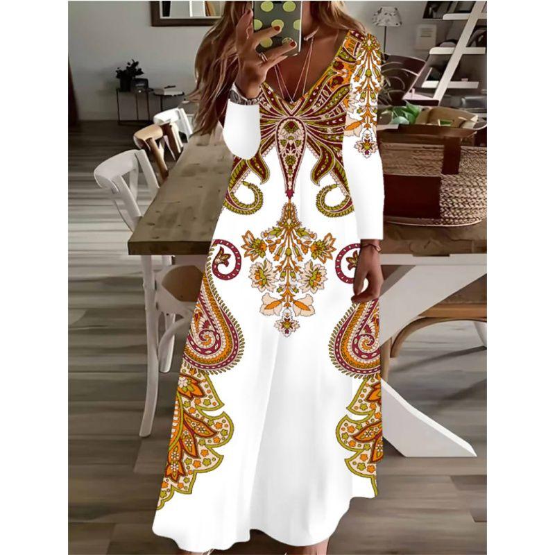 

Spring Autumn Women Dress Print Ladies Skirt Spring and Autumn Print Long sleeve Long dress Yellow M