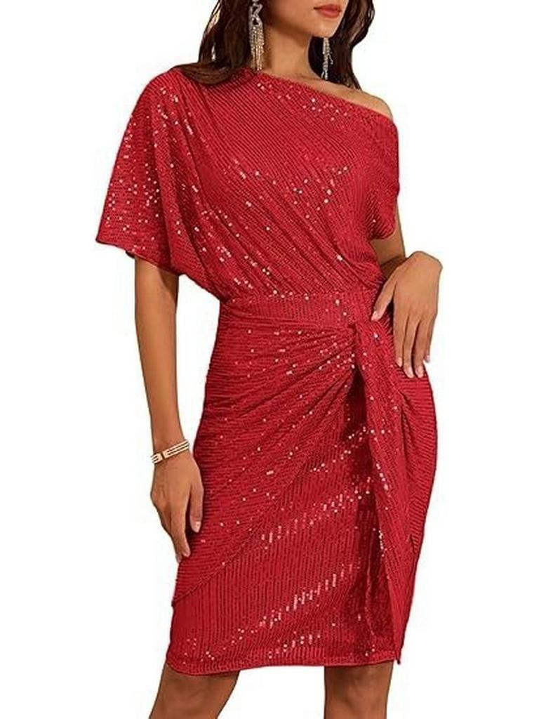 Shiny Sequin Trim One-Shoulder Beaded Mesh Formal Dress for Women
