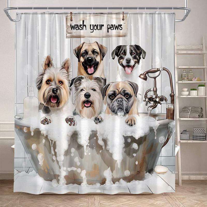 Funny Bathing Dogs Shower Curtain Bathtub Wash Your Paws Cute Pet Cartoon Animals Bath Curtains Fabric Bathroom Decor with Hooks