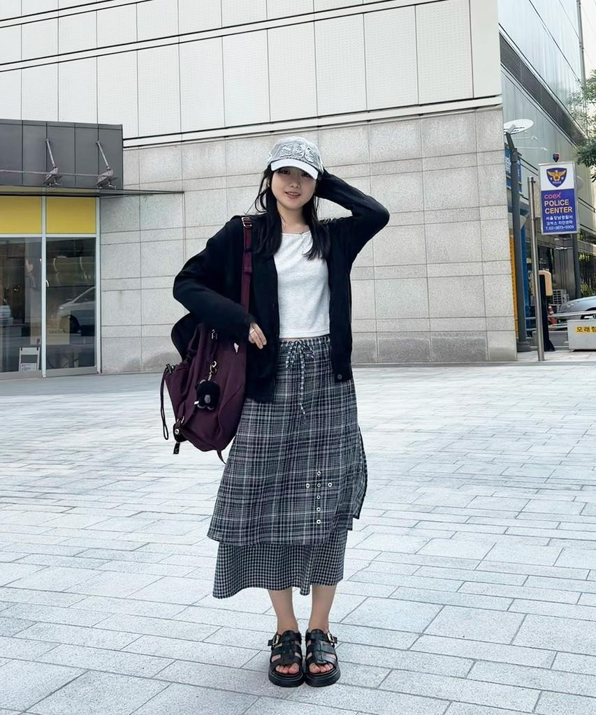 Plasma Sphere Duplex Stud Cross Eyelet Check Layered Long Wrap Skirt_2 Colors