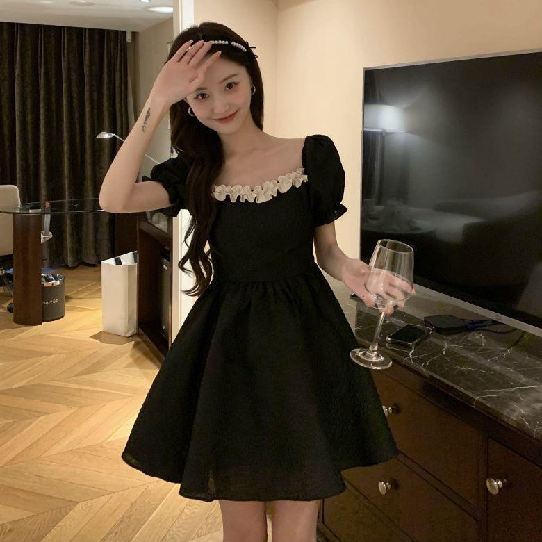 2026 Summer Trendy French Sweet & Spicy A-line Dress with Puff Sleeves & Bow