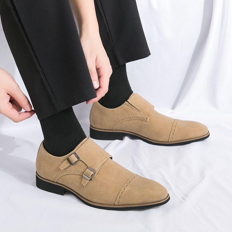 Men's Casual British Monk Strap Suede Shoes - Formal Square Toe Retro Apricot