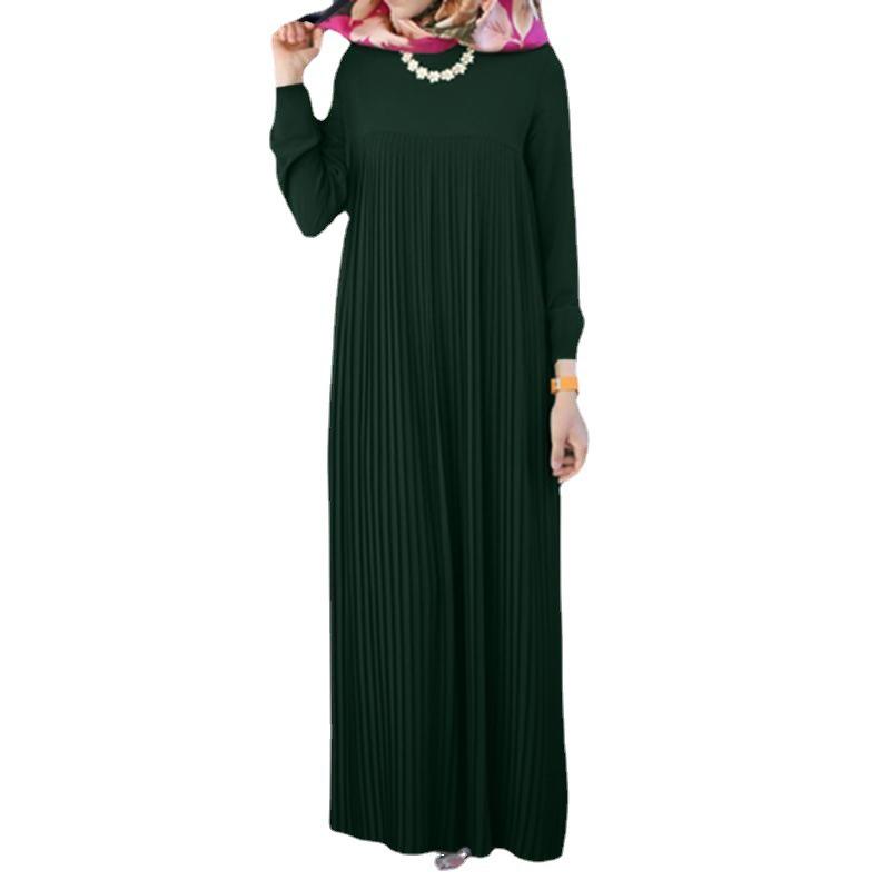 Elegant Muslim Women's Pleated Dress - Solid Color, Round Neck, Long Sleeve