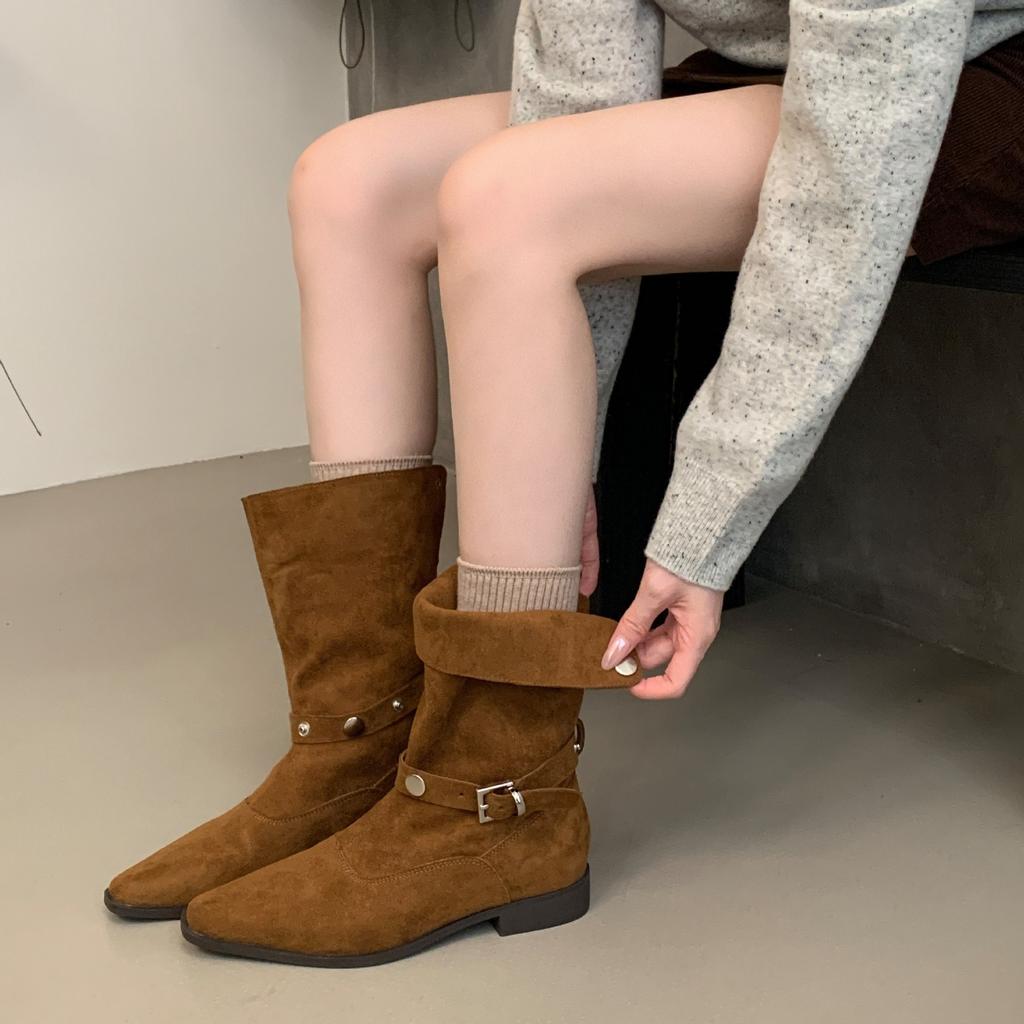Fashion boots · niche design retro French suede short boots small square head can be turned through western boots