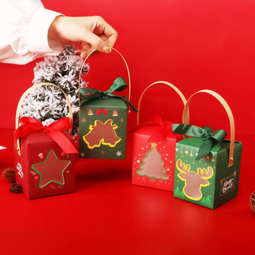 Christmas Goodie Boxes Wrapping Container With Window And Handle Holiday Party Favor Boxes For Fruits Family Gatherings