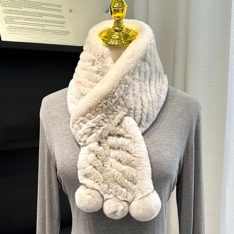 Korean Real Rex Rabbit Fur Whole Leather Woven Scarf Double-sided Thickened Warm Scarf Cute Ball Fur Collar Children