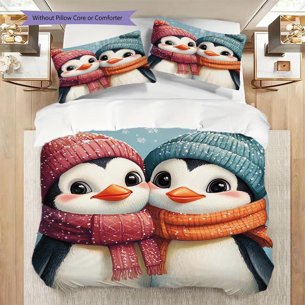 Penguin Pattern Bedding Quilt Set Quilt Cover Pillowcase Home Decoration Birthday Gift (1 * duvet cover + 2 * pillowcase, without core)