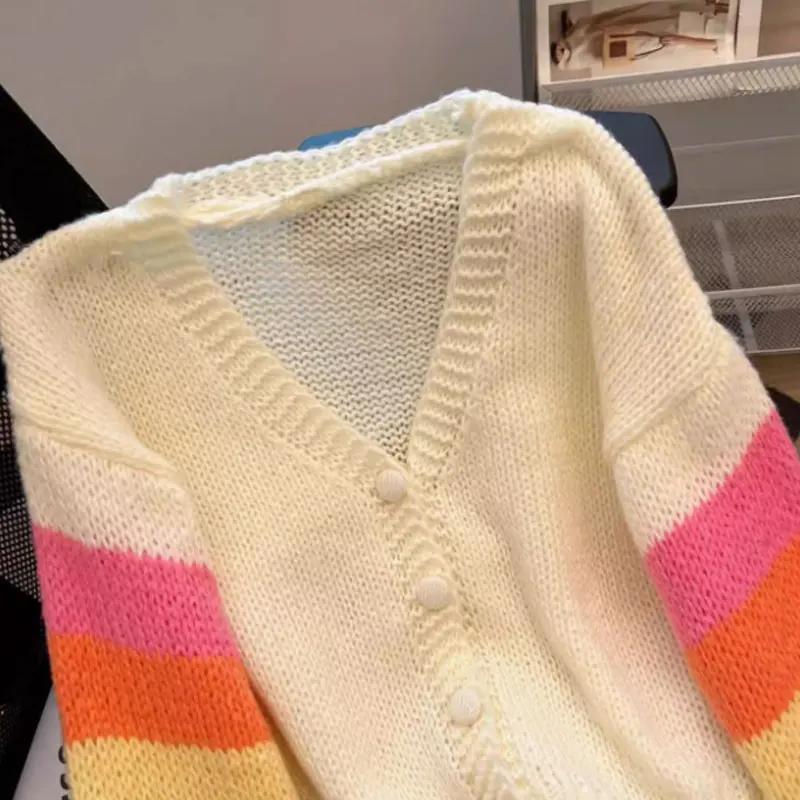 Regenbogen gestreifter Strick-Cardigan für Damen Teenager Gemütlich Weich Mohair Knopfleiste Pullover Jacke Winter Herbst Y2K Outfit