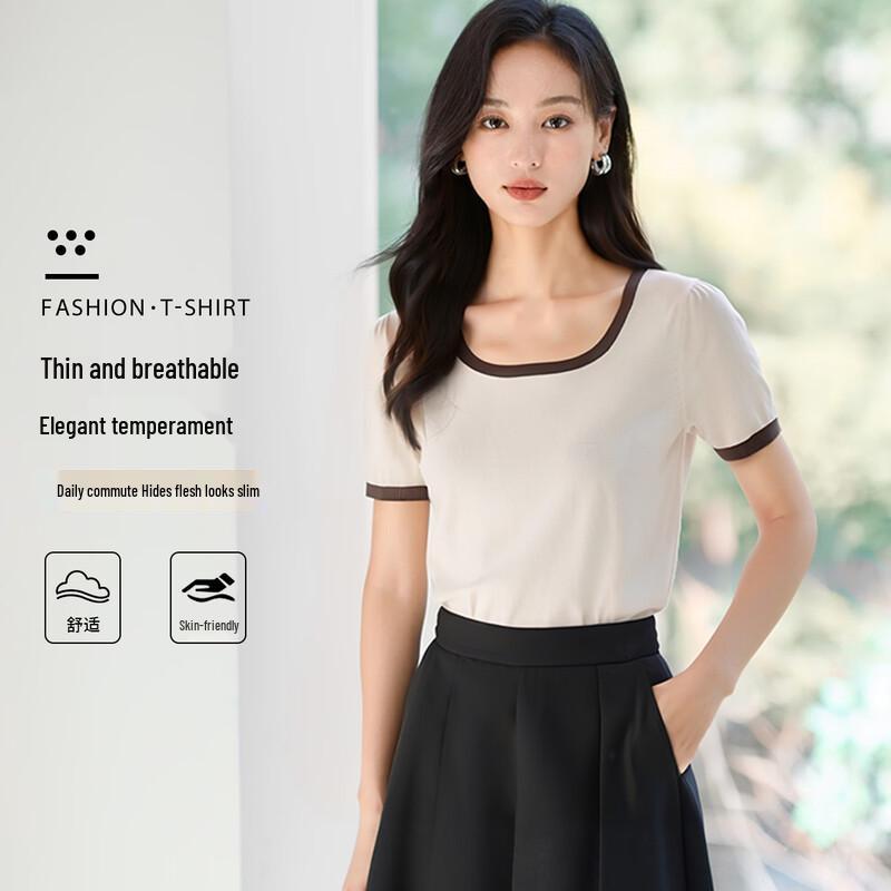 Women s Square Neck Color-Block Knit Short-Sleeve T-Shirt One Size