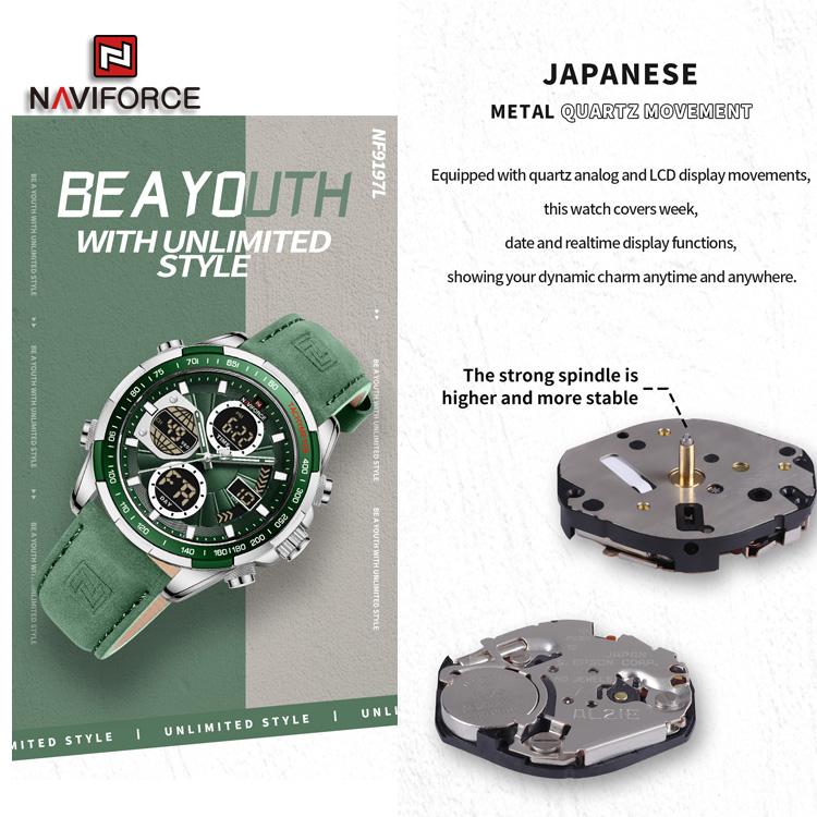 Naviforce Relojes para hombre NF9197L Doul Display, reloj de pulsera electrónico Digital LED de cuarzo resistente al agua para regalo
