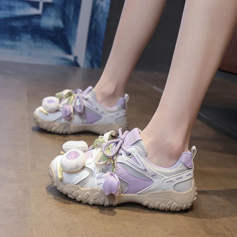 Fashion Casual Sneakers Spring Autumn Women Synthetic Leather Patchwork Mixed Colors Lace-Up Round Toe Love Kawaii Ladies Waffle Shoes