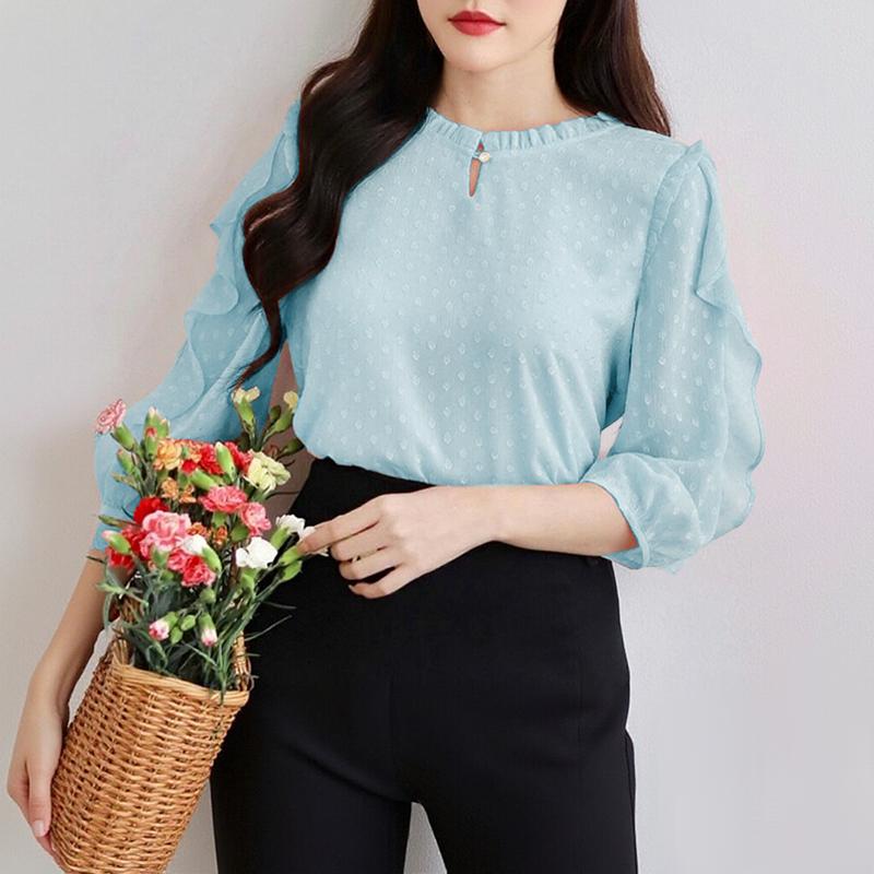 ZANZEA Womens Casual Ruffles Splice 3/4 Sleeve Summer Sheer Cover Up Blouse