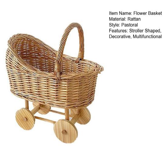 Stroller Shaped Flower Basket Rattan Woven Candy Basket with Handle Portable Decorative Rustic Basket with Wheels for Weddings Baby Showers