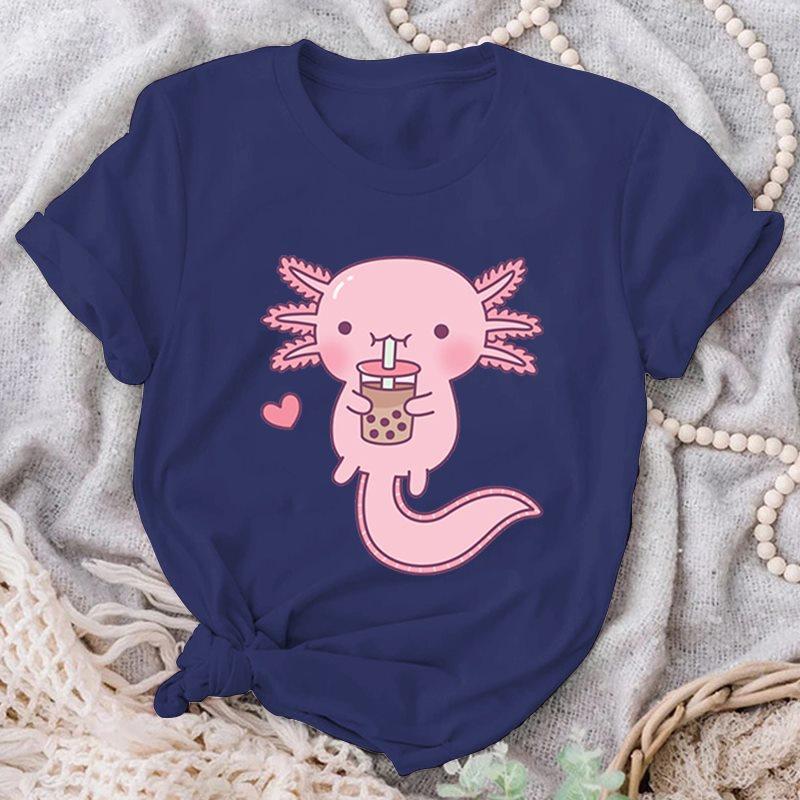 Cute Cute Axolotl Drink Boba Tea Graphic Print T-Shirts For Women Summer Lovely Short Sleeve Casual T-Shirts Funny Ladies Tops