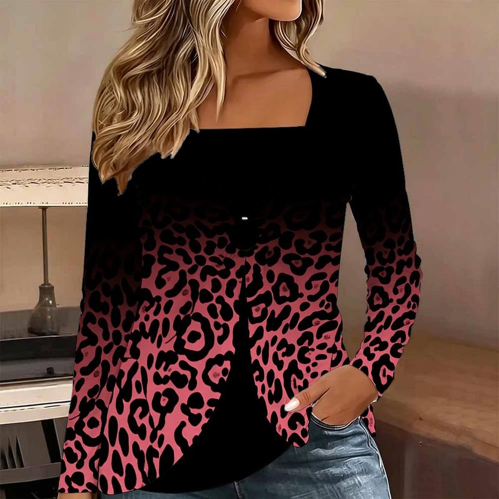 Tops for Women Leopard Print Long Sleeve Fake Two‑Piece Top Fall Casual Slim Pullover Women's Long Sleeve Top