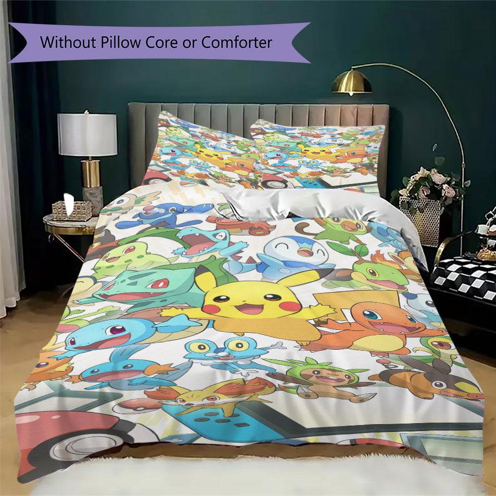 Set di biancheria da letto con stampa Pokémon da 3 pezzi include una copripiumino e una coppia di federe (riempimento non incluso), perfetto per l'uso in camera da letto.