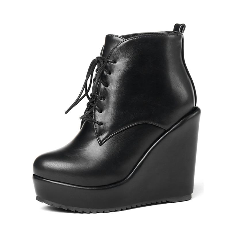Fashion 2025 Autumn Winter New Stylish Women Ankle Boots Sexy Platform Round Toe Wedges Booties Ladies Boats Mujer Size 32-43 Black Beig