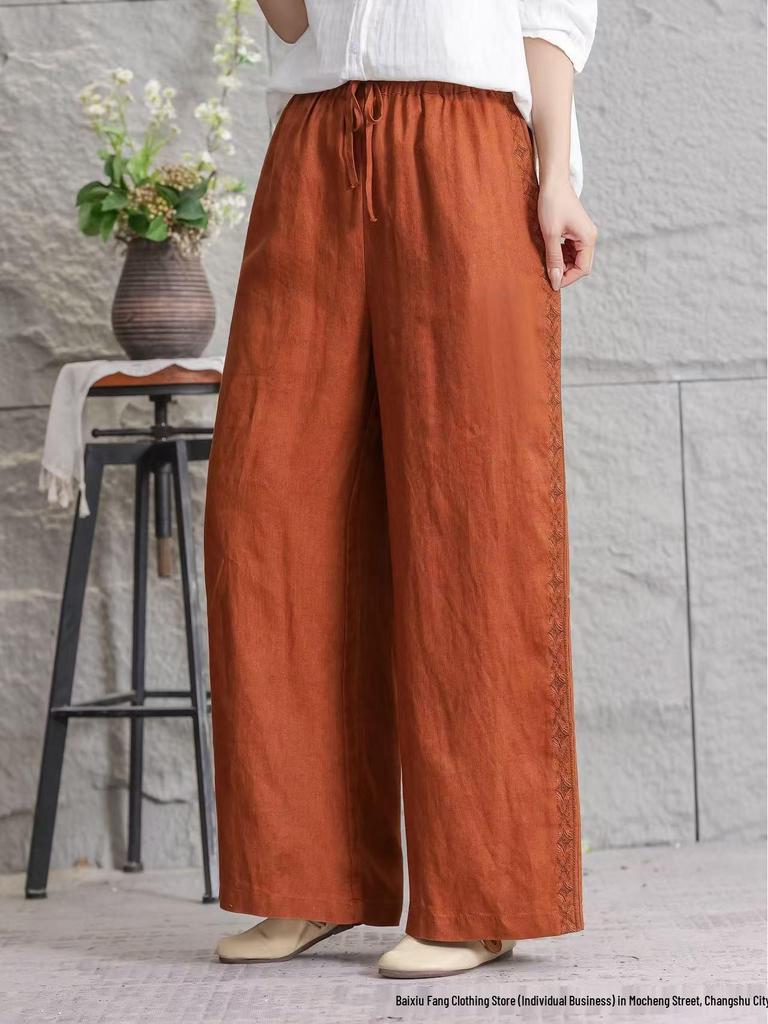 Women's Casual Linen Embroidered Wide-Leg Trousers, Summer 2026 Fashion, Slimming Loose Fit, Large Size Available