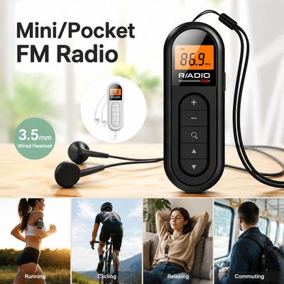 Mini Clip FM Radio Pocket Rechargeable Stereo Radio with LCD Display Wired 3.5mm Headphones For Meetings Tours Running